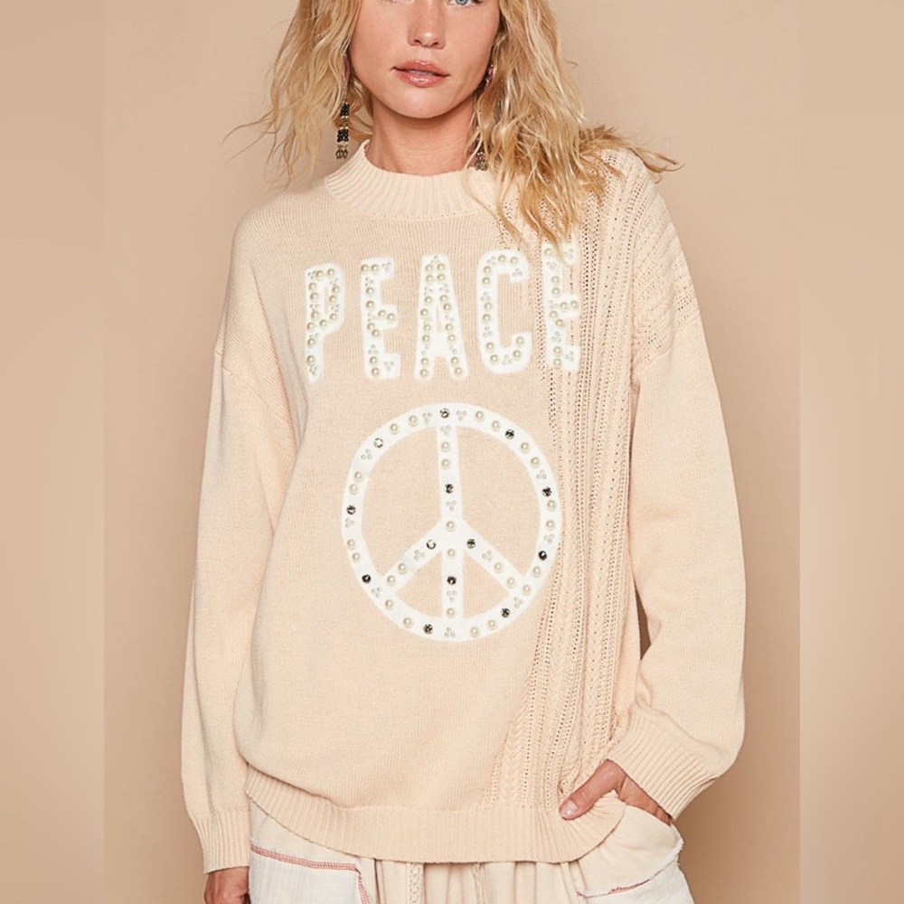 NWOT POL Women's Cream Sweater with Peace Sign